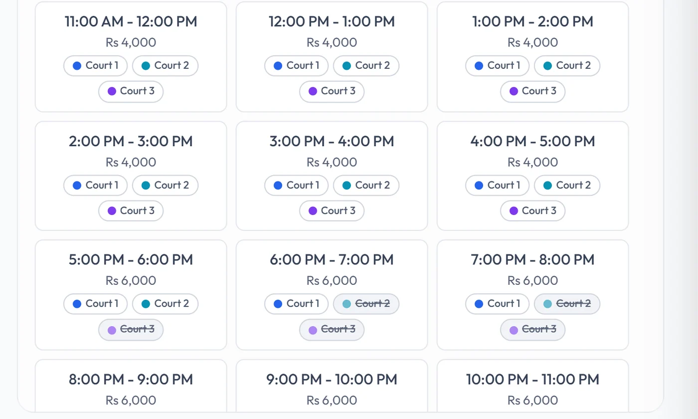 Workzish court booking with slots, prices and free courts