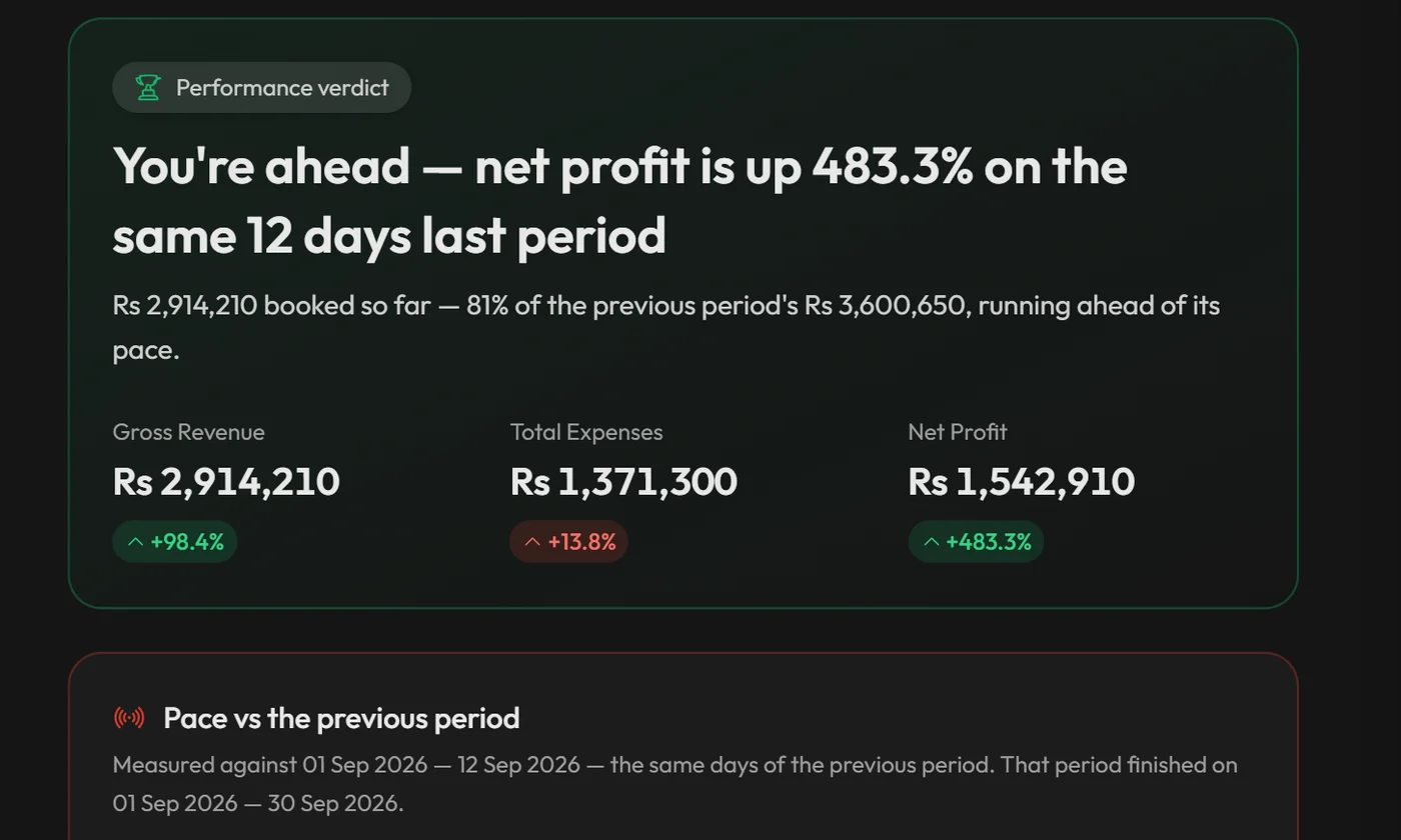 Workzish performance dashboard with revenue, expenses and net profit