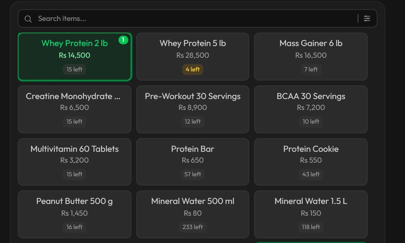 Workzish point of sale with products, stock and a customer cart
