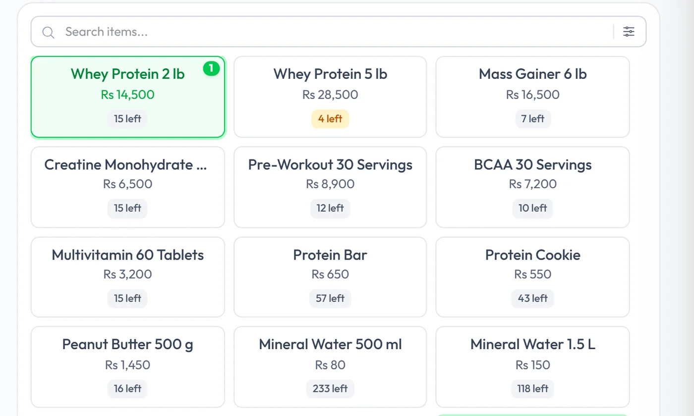 Workzish point of sale with products, stock and a customer cart
